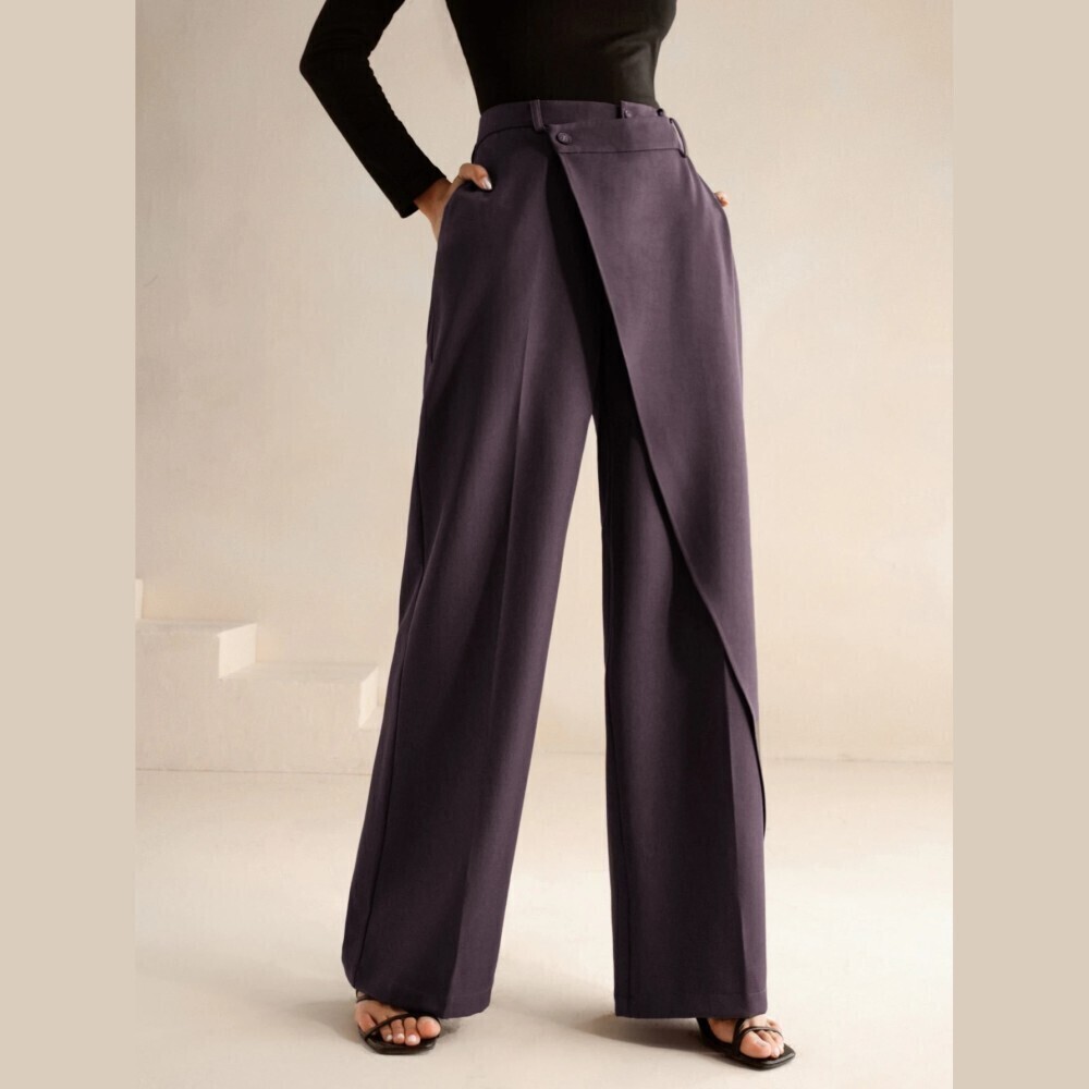 Dusty Purple Wide Leg Trousers with Faux Wrap Front Panel